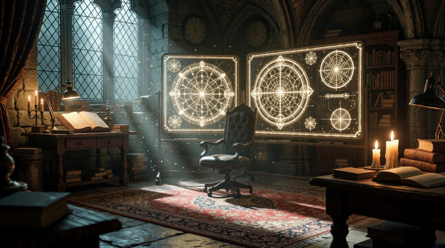 Ancient scholar room with glowing diagrams on screens. Old books, candles and desk create mysterious atmosphere. Sunlight rays pass through window and illuminate dust particles.