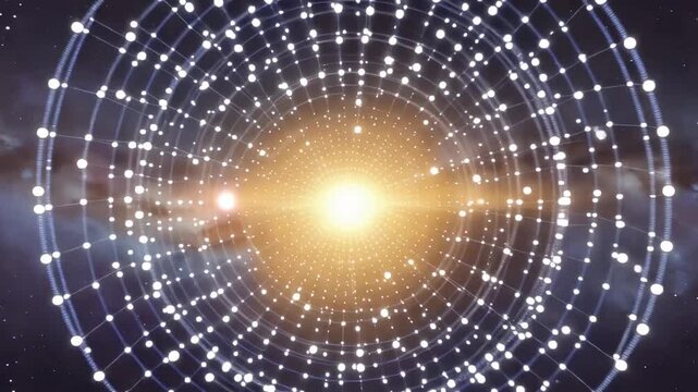 Abstract visualization of cosmic energy with glowing orbs and interconnected lines, depicting a dynamic flow of light in a vast galaxy setting