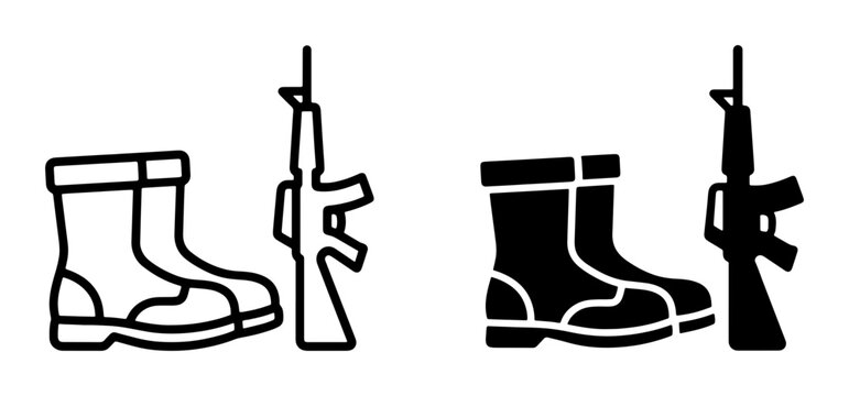 Military Boots and Rifle Icons, Army Gear Vector Set, Combat Footwear and Weapon Symbols for Security and Defense Concepts