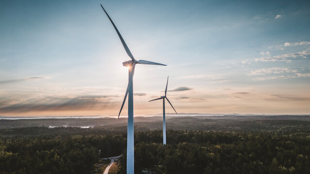 Two wind turbines standing over a forest at sunrise, Vinalhaven, Maine