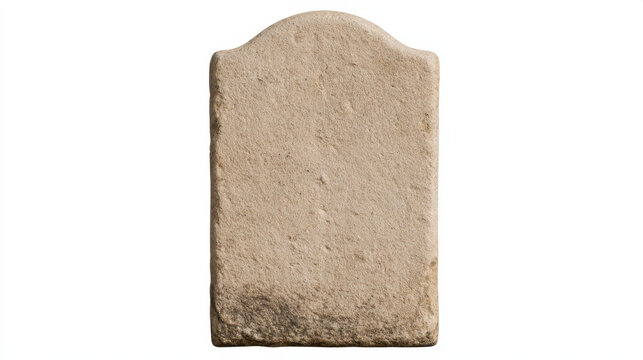 Blank antique sandstone gravestone with a broad rounded crown rough weathered texture and dark age staining along the base isolated on white