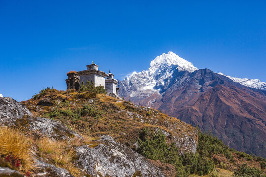 Old buddhist stupas and Kantenga mount in Himalayas, Nepal