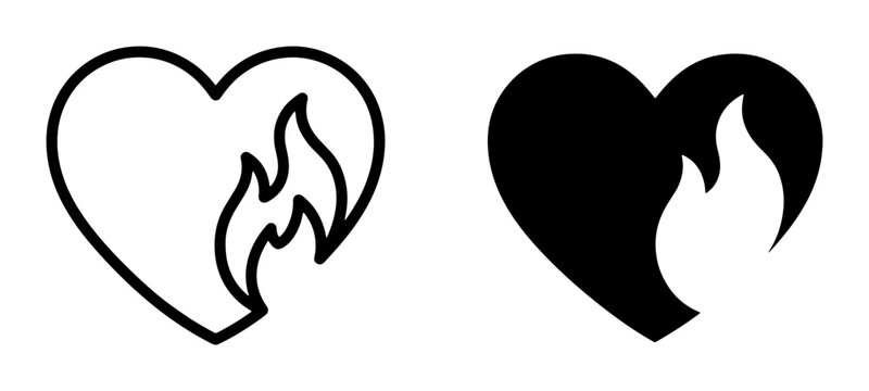 Burning Heart Icons, Passion Symbol, Love Flame Vector Graphics, Emotional Heat, Fiery Romance, Intense Feeling, Black and White Design Elements