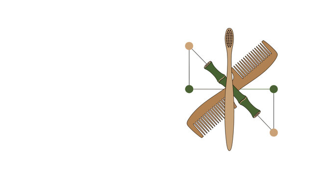 Sustainable natural grooming tools crossed with stylized bamboo elements on a clean white background, symbolizing zero waste lifestyle and eco-conscious living, ideal for beauty brand logos and