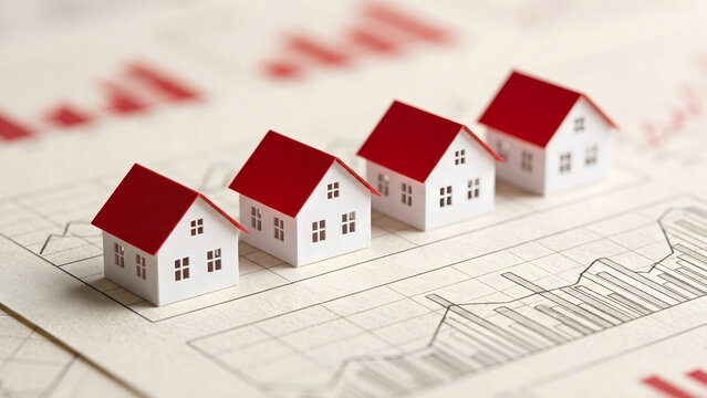 Small toy houses with red roofs sitting on financial charts representing real estate market growth