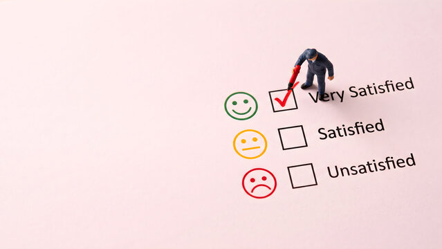 Miniature Businessman Checking Very Satisfied Box on Customer Survey Form