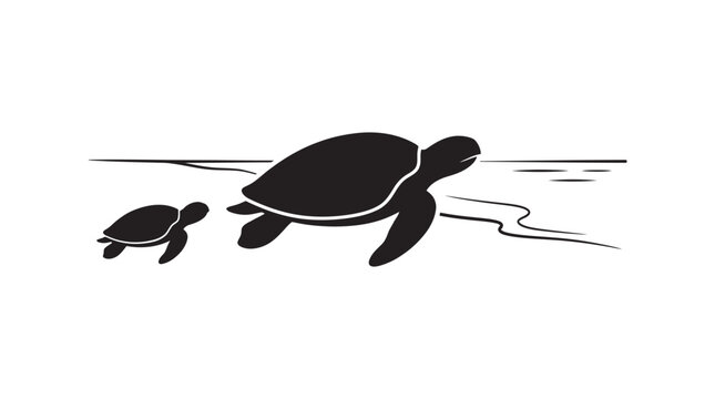 Sea turtles swimming above wavy lines a black silhouette