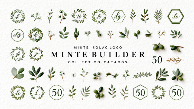 Watercolor botanical elements set with olive branches, green leaves, wreaths and floral icons for logo design on white background