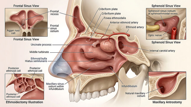 3D Photorealistic Complete Human Sinus Surgery Anatomy with FESS Landmarks Ostia and Skull Base