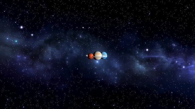 Three planets in space, showcasing a red planet, a yellow planet with rings, and a blue planet, aligned in a cosmic setting filled with stars and nebulae