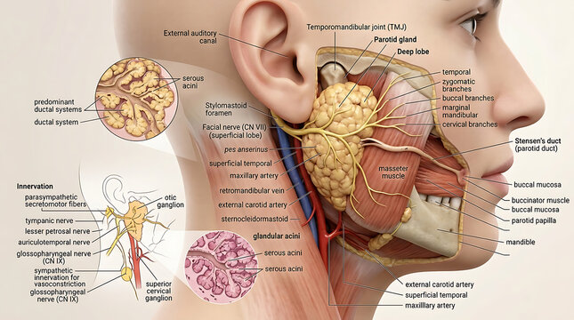 3D Photorealistic Complete Human Parotid Gland Anatomy with Stensen Duct and Facial Nerve Branches