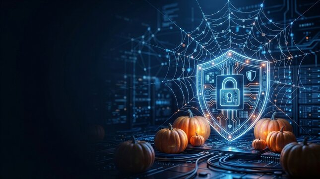 Halloween themed cybersecurity concept pumpkins digital shield representing online security data protection