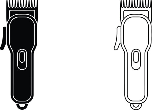 Two black hair clippers displayed side by side in graphic silhouette for barbering, grooming, hairstyling, and personal care designs.