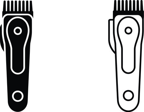 Two black hair clippers displayed side by side in graphic silhouette for barbering, grooming, hairstyling, and personal care designs.