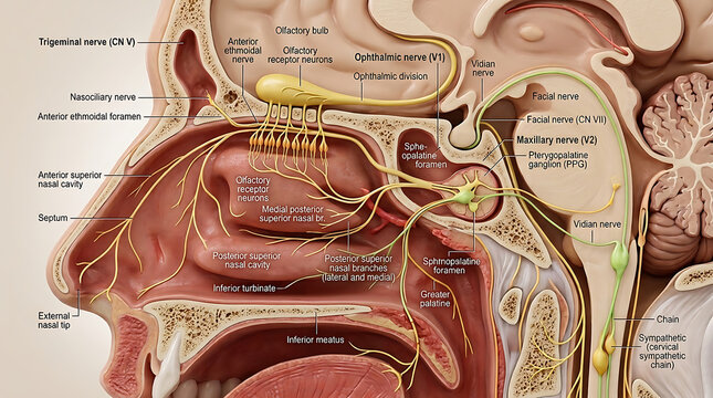 3D Photorealistic Complete Human Nasal Innervation Anatomy with Sensory Autonomic and Olfactory Pathways