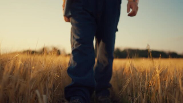 Farm worker walking in field, view on legs and grass, rural scenery in farmland. Modern technology, traditions and innovation in agribusiness, ecologist or agronomist viewing sown areas, agriculture