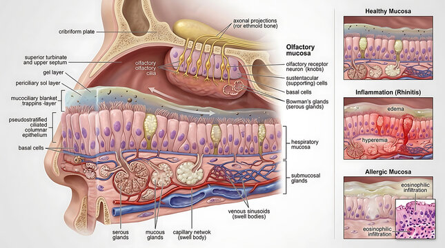3D Photorealistic Complete Human Nasal Mucosa Anatomy with Respiratory Olfactory Epithelium and Glands