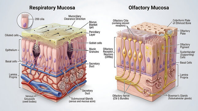3D Photorealistic Complete Human Nasal Mucosa Anatomy with Respiratory Olfactory Epithelium and Glands