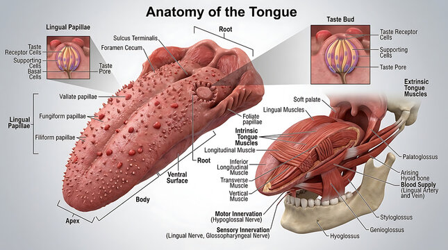 3D Photorealistic Complete Human Tongue Anatomy with Muscles Papillae Taste Buds and Innervation