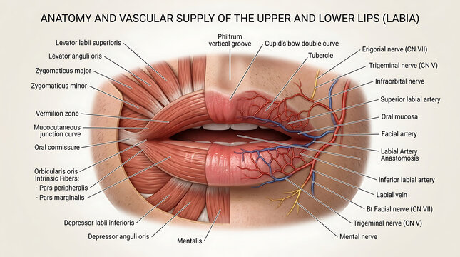 3D Photorealistic Complete Human Lip Anatomy with Vermilion Muscles Vascular and Innervation