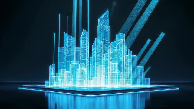 Glowing blue holographic city skyline rising from a rectangular platform against a black background