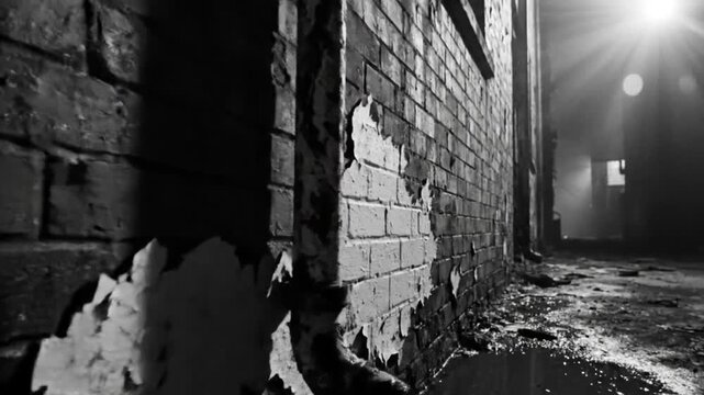 Black and white shot of a decaying brick wall in a dark alleyway with peeling paint and puddles