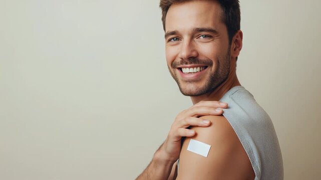 Smiling man touching a small white adhesive bandage on his upper arm against a plain beige background