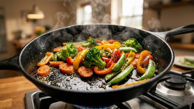 Colorful fresh vegetables cooking in black frying pan.