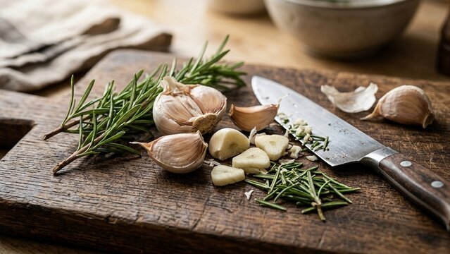 Fresh garlic cloves and rosemary on wooden cutting board with knife.