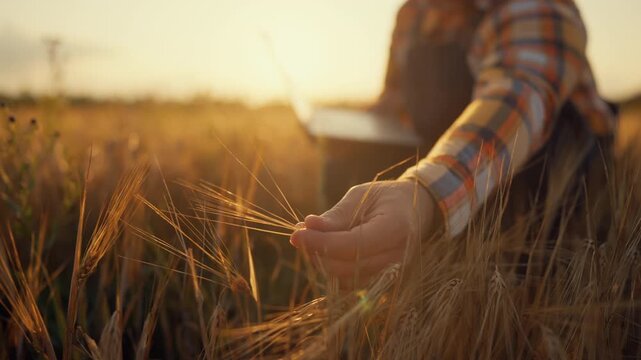 Care about nature, ecologist or farmer with laptop in beautiful lawn, closeup. Villager in agricultural field in summer day, man viewing grass and herbs, touching plants, enjoy good weather and beauty