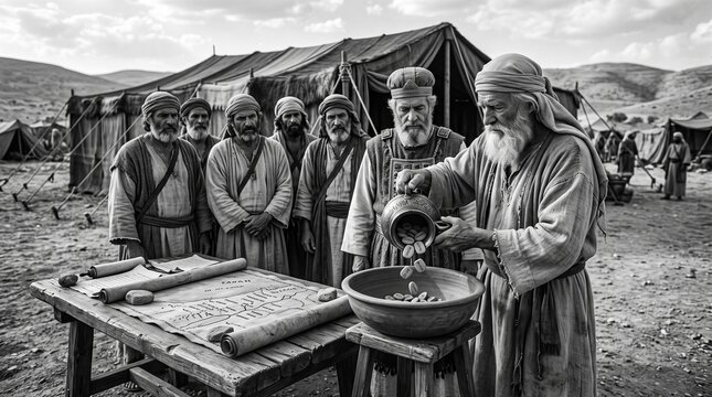 Elderly Joshua and High Priest Casting Lots to Divide Land of Canaan