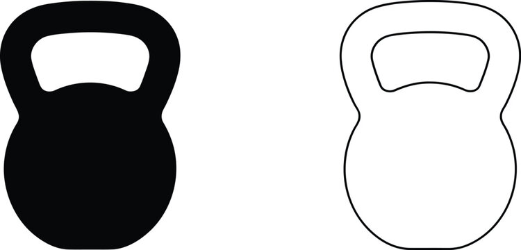 Two kettlebell icons, one solid and one outlined, displayed side by side in silhouette for fitness, strength training, and workout designs.