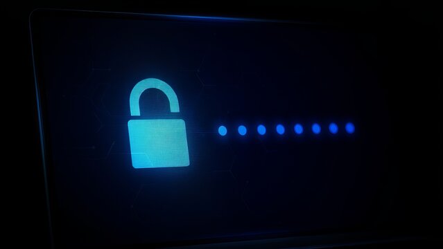 Padlock icon and password dots glow on a dark laptop screen to signify secure user login.