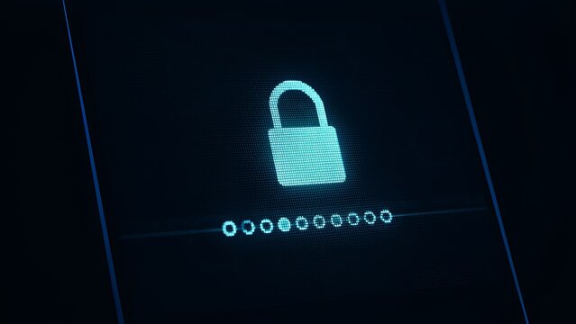 Padlock symbol and password dots glow on a dark screen to illustrate user authentication and login security.