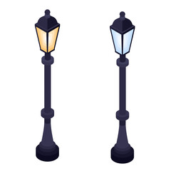 Pair of isometric vintage street lamps with warm and cool glowing lanterns on tall dark posts isolated on white background © gleolite