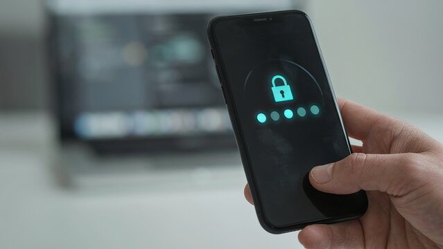 Smartphone displaying a digital lock screen icon is held by a user in an office environment.