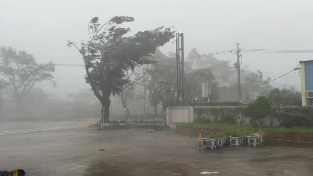 Hurricane Wind And Torrential Rain Lash Town