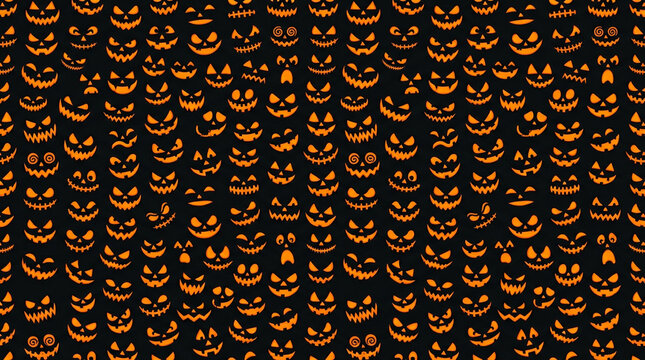 Seamless Halloween jack o lantern faces pattern on black background