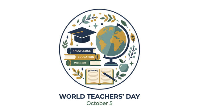 World teachers day circular emblem with graduation cap globe books and apple circular logo book stack