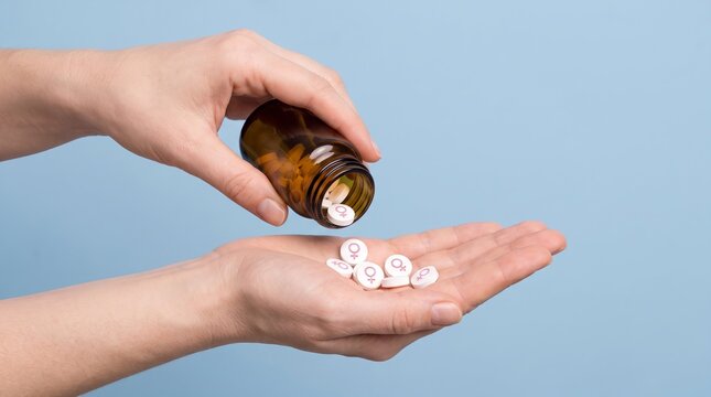 Medical hormone pills with female symbol spilling from a bottle onto an open palm, healthcare concept
