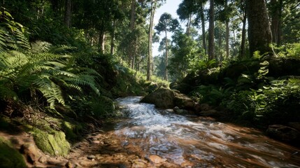 Fototapeta premium Serene Forest Stream Flowing Through Lush Greenery with Dappled Sunlight Filtering Through Tall Trees in a Peaceful Natural Landscape