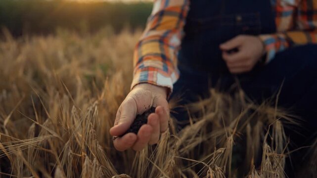 Professional agronomist touching soil in agricultural fields, summer season. Professional farmer examining farmland, communicating with nature, planning good harvest, innovative organic fertilizer