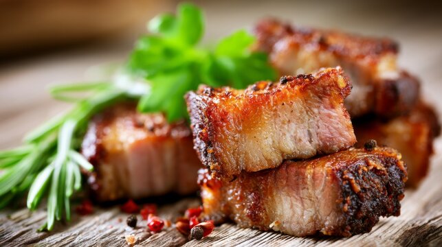 Succulent Grilled Pork Belly Served on Wooden Platter Garnished with Fresh Herbs and Spices, Showcasing Delicious Culinary Presentation