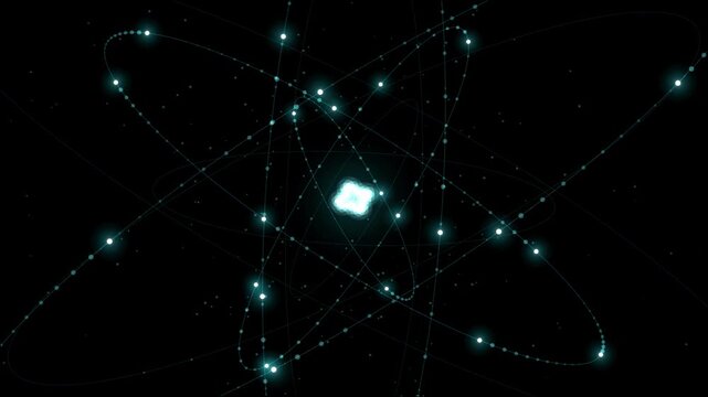 Electrons orbiting an atom in cyan and teal glowing lines on a pure black background, ready to drop straight onto footage with a screen or add blend mode. Seamless looping 4K overlay element for video