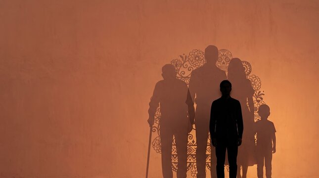 Family shadows silhouette on a warm orange wall representing ancestors and lineage