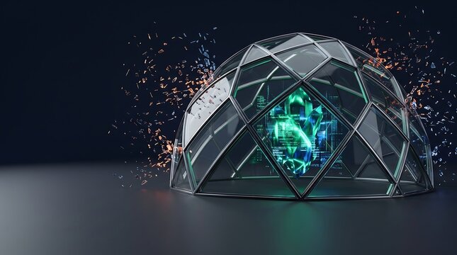 Futuristic geodesic glass dome with glowing green energy core, cinematic sci-fi laboratory structure, high-tech glass sphere with digital particles