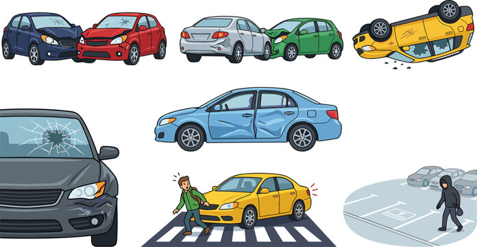 Car Accident and Auto Insurance Vector Element Set with Crashed Vehicles Broken Windshield Rollover Danger Crosswalk Hazard and Parking Lot Theft