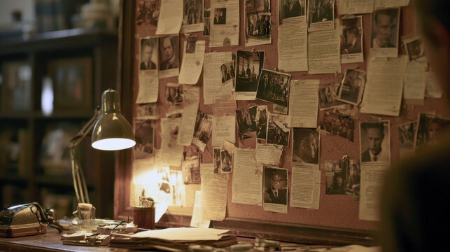 detective evidence board investigation office vintage desk mood lamp notes photographs pinned to corkboard mystery case solving secret agent workplace dark moody atmosphere retro crime story photo