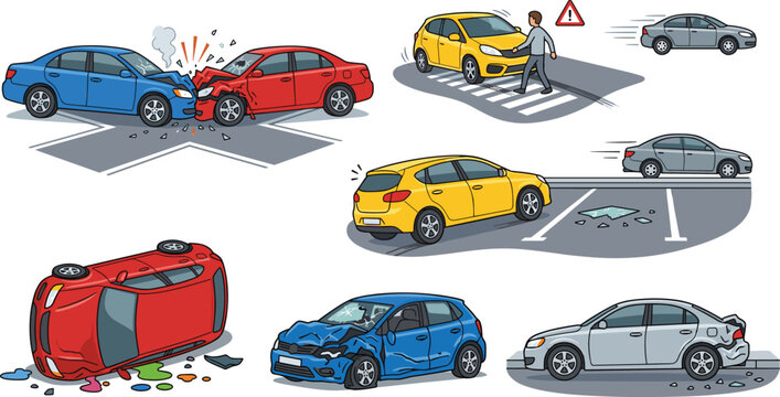 Car Accident and Road Traffic Collision Vector Icon Set featuring Head On Crashes Rollover Damaged Vehicles and Pedestrian Safety Warning Illustrations