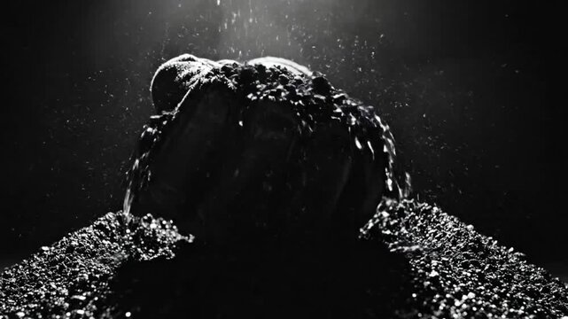 Dramatic slow motion of a hand crushing granular material with illuminated particles falling against a dark background.